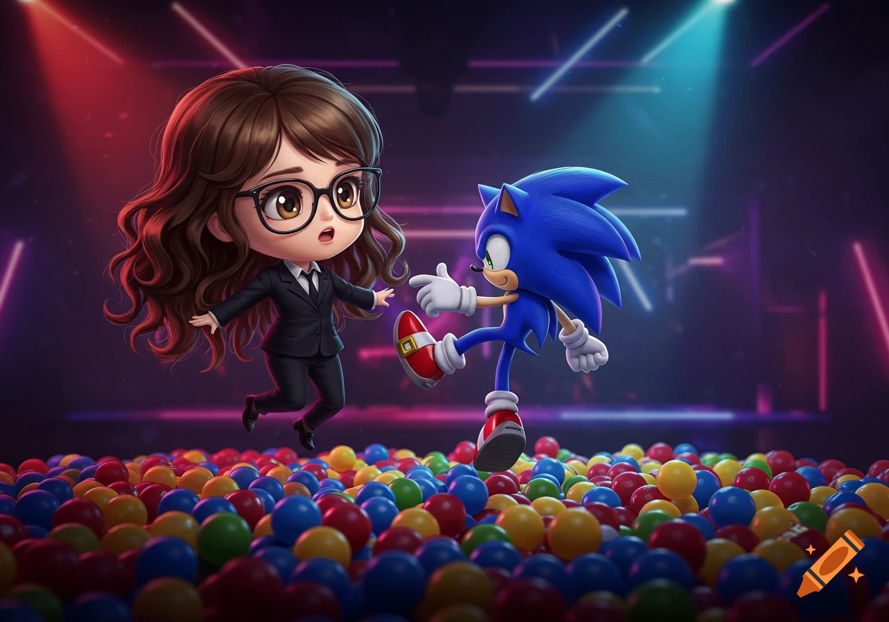 Chibi girl in a suit and Sonic the Hedgehog float over a colorful ball pit in a neon-lit club, animated style.