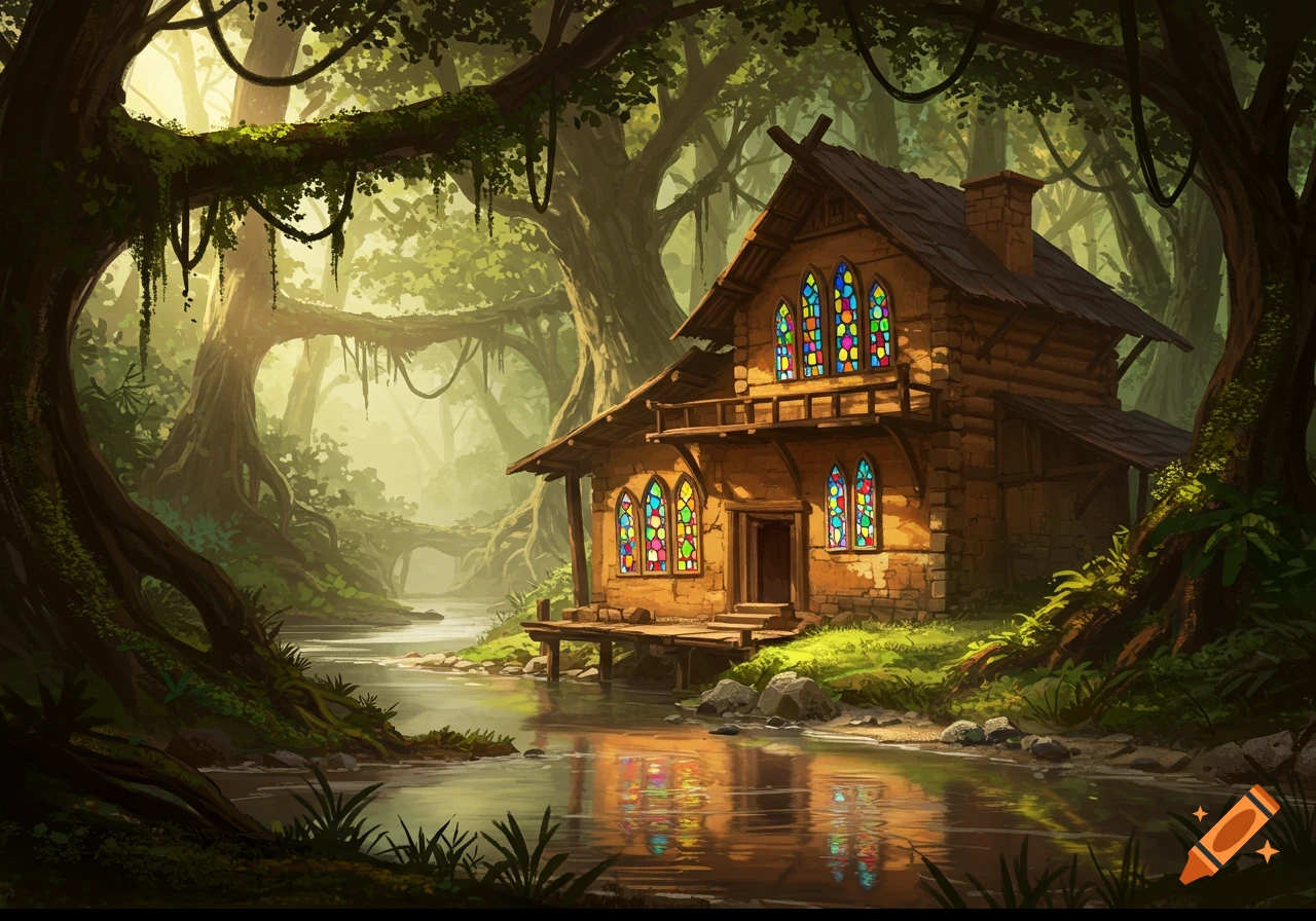 A digitally painted log cabin with vibrant stained glass windows sits beside a winding river in a lush, sunlit rainforest.