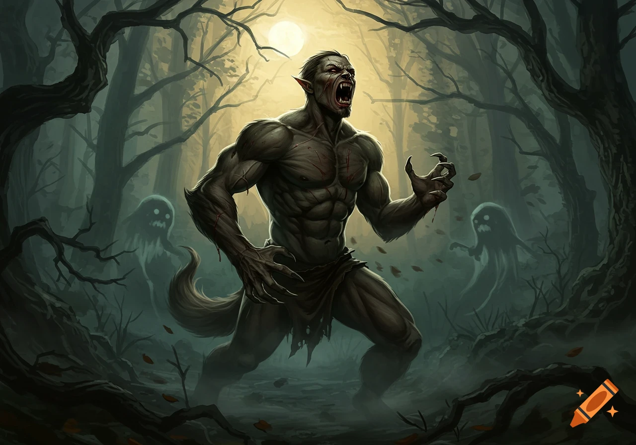 A snarling, muscular werewolf with sharp claws and fangs stands in a dark, moonlit forest with two ghostly figures.