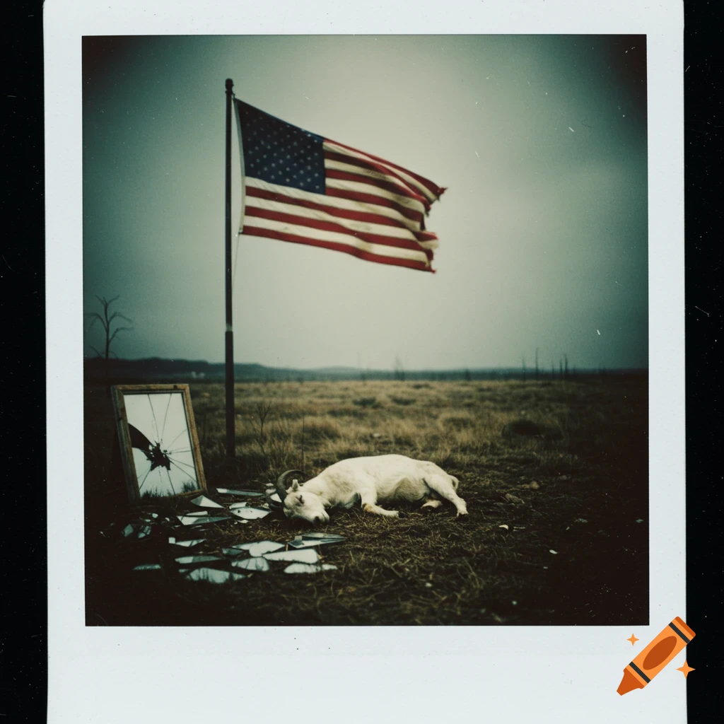 A tattered American flag flies over a desolate, grassy field with a dead goat and broken mirror shards on the ground. Polaroid style.