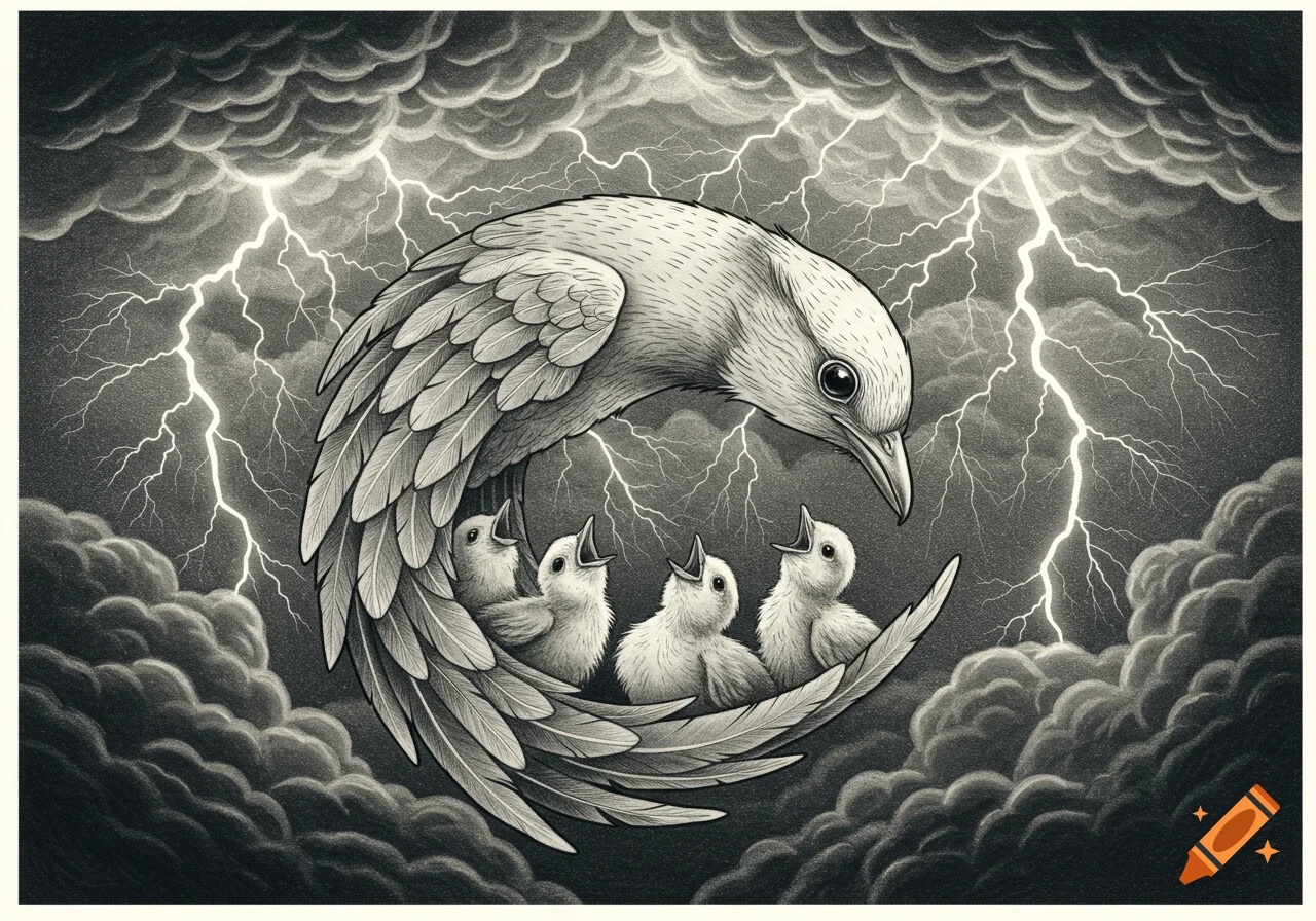 A black and white sketch of a mother bird shielding four baby chicks under her wing during a lightning storm.