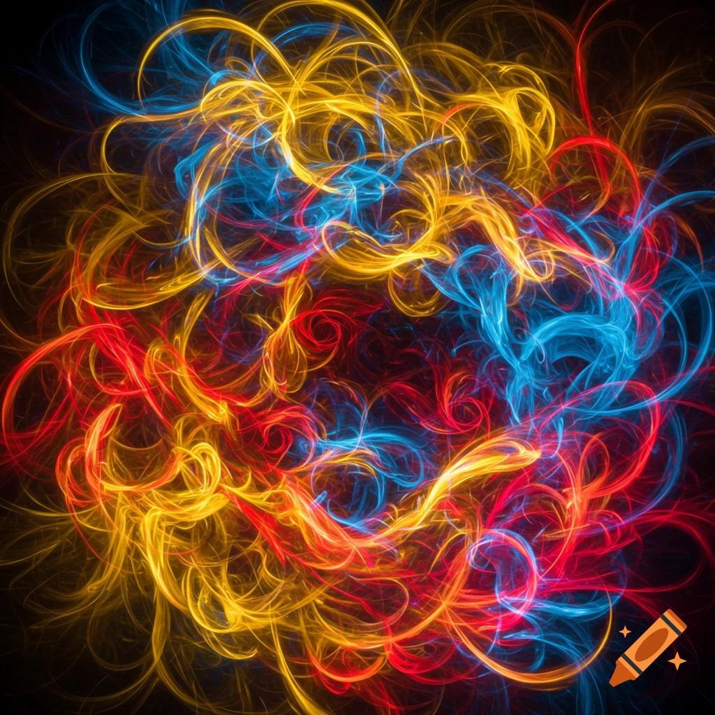 Abstract background with glowing, swirling lines in red, blue, and yellow.