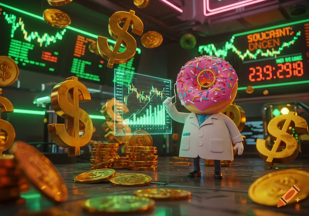 A cartoon donut character in a lab coat and monocle points at a holographic stock chart, surrounded by golden dollar signs and coins.