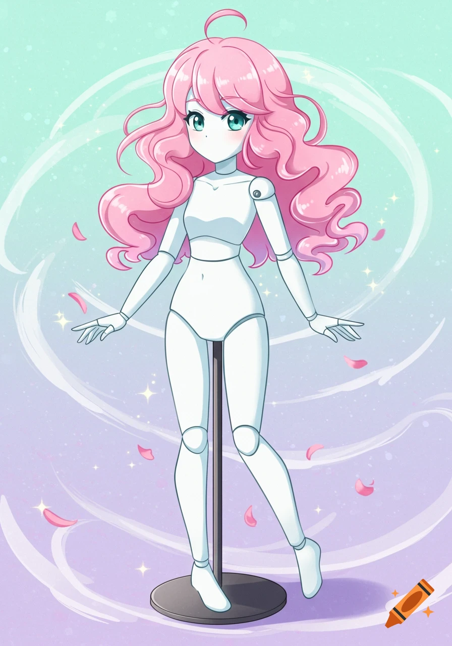 A stylized anime girl mannequin with pink hair and green eyes stands on a base against a pastel background with sparkles and floating petals.