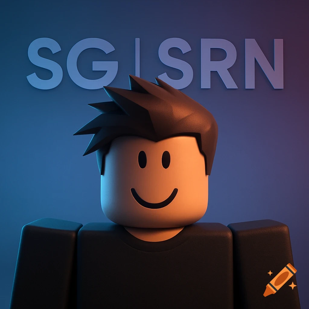A Roblox-style avatar with dark spiky hair and a smiling face against a blue-purple gradient background with 'SG | SRN' text.