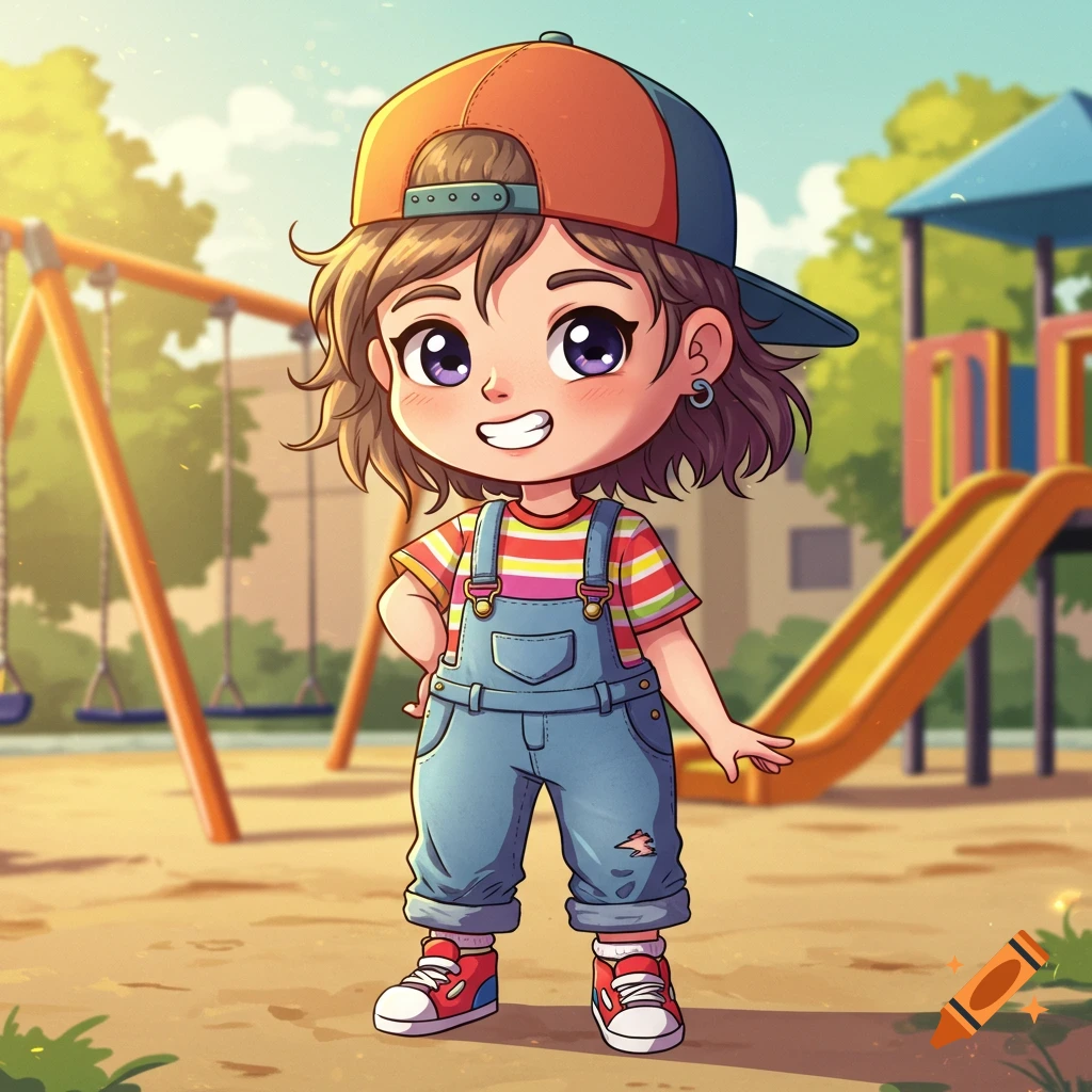 A cute cartoon chibi girl with a backward baseball cap, striped shirt, and overalls smiles in a sunny playground with swings and a slide.