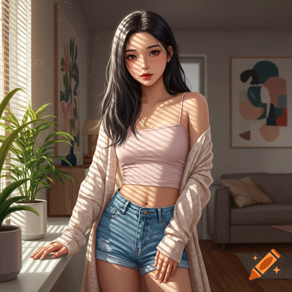 Anime-style young woman with dark hair in a pink crop top and denim shorts, standing by a sunlit window in a room.