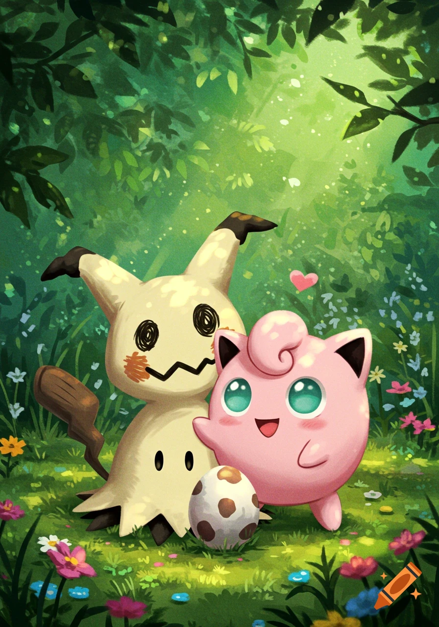 A cute illustration of Mimikyu and Jigglypuff with a spotted egg in a vibrant green forest full of flowers.