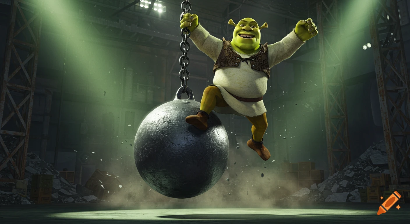 Shrek swings gleefully on a large wrecking ball amidst debris in a dark, industrial warehouse, rendered in CGI animation style.