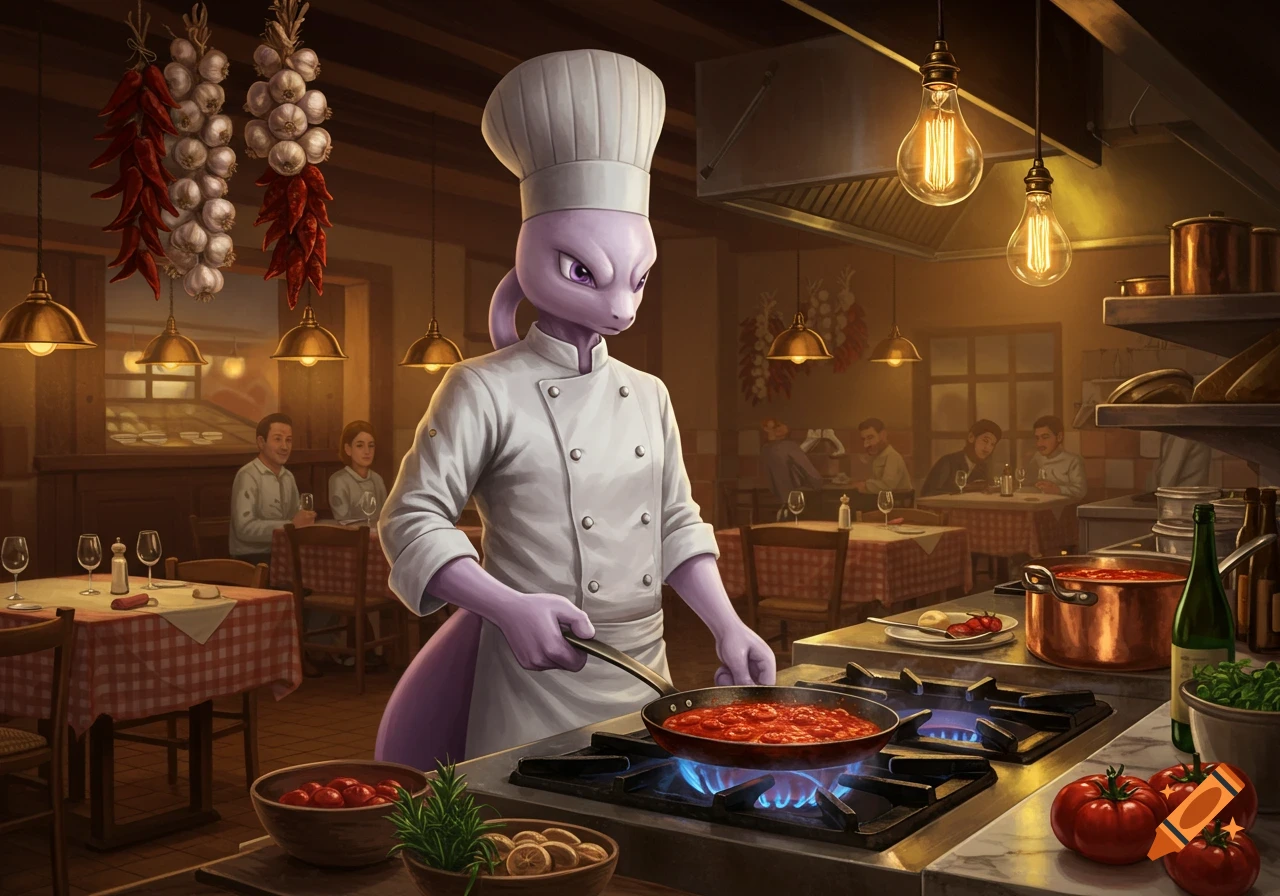 Mewtwo as a chef cooking in an Italian restaurant kitchen, with tomatoes and garlic around.