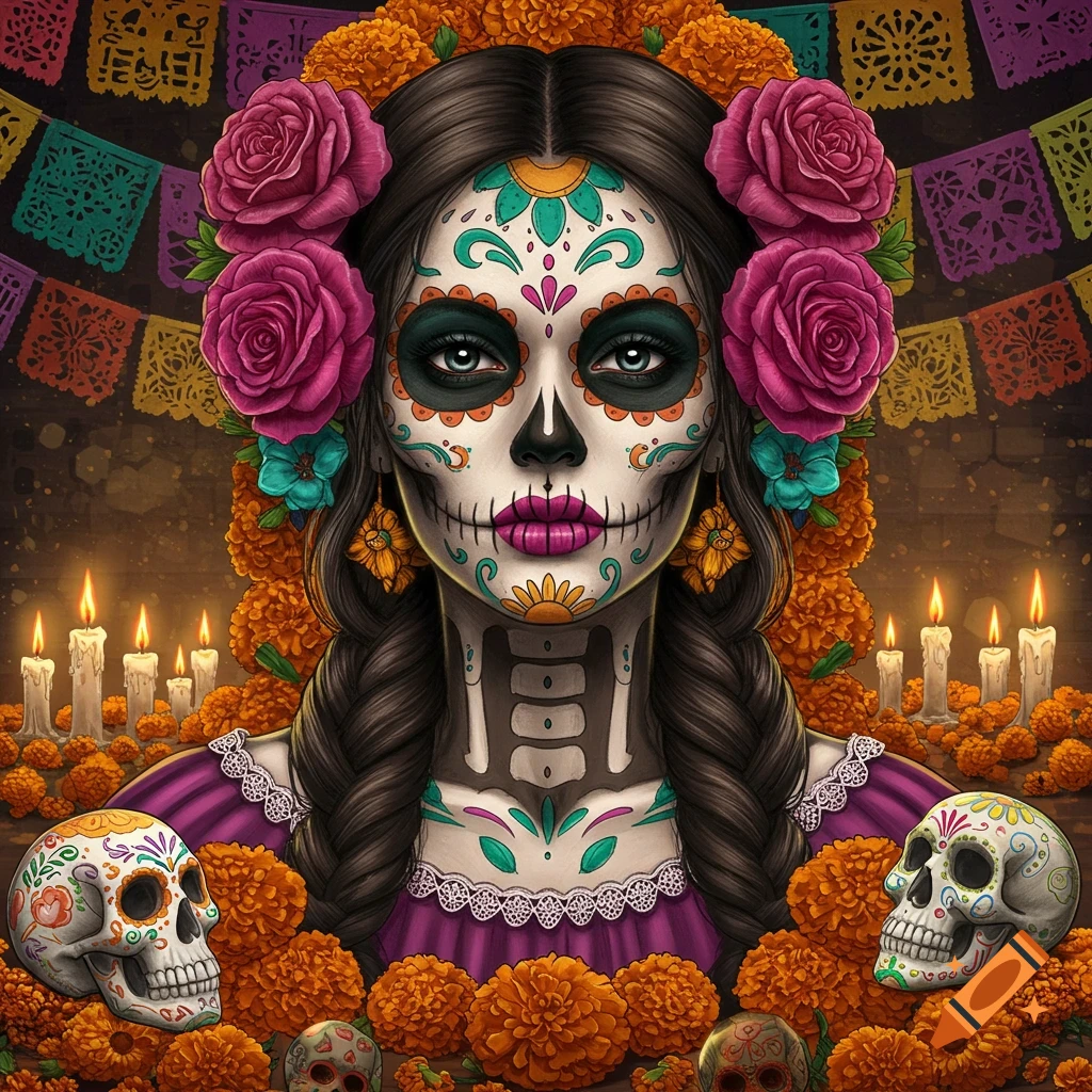 A stylized Catrina with skull makeup, pink roses, marigolds, candles, and sugar skulls, in an illustrative style.