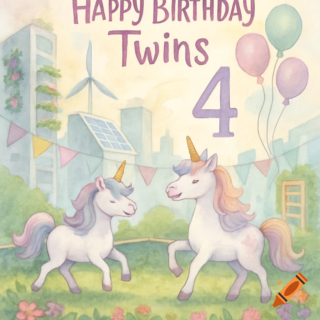 Watercolor illustration of two unicorns in a city park with balloons, buildings, and text 'Happy Birthday Twins 4'.
