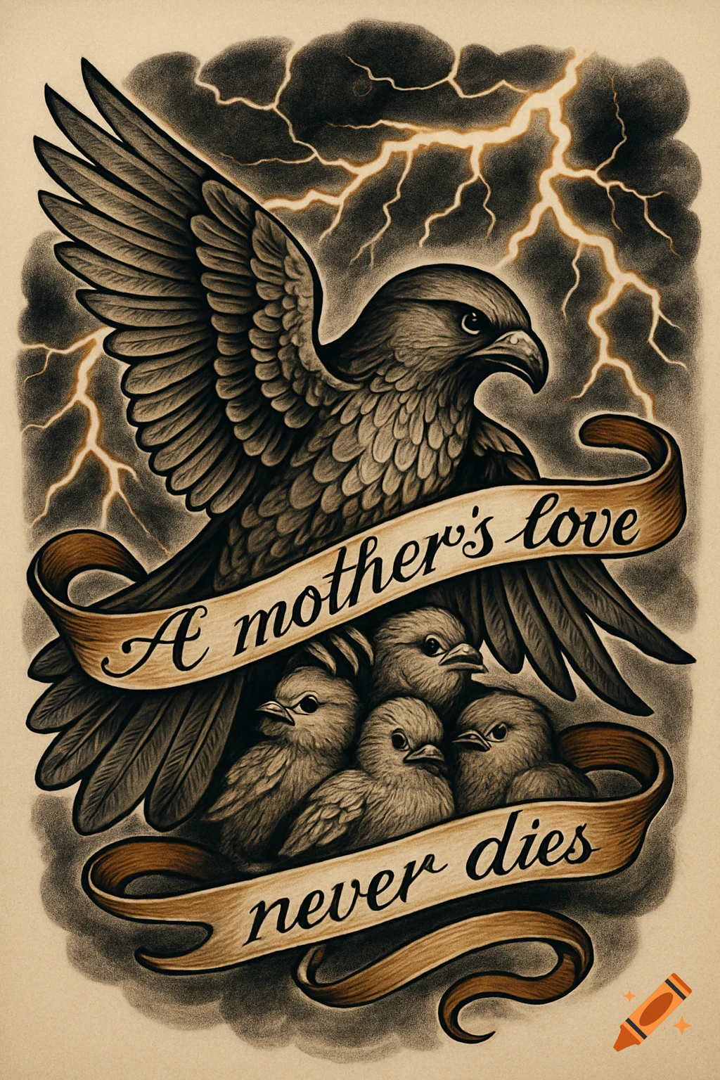 A detailed grayscale tattoo of a mother eagle shielding chicks with a ribbon reading "A mother's love never dies" against a lightning storm.