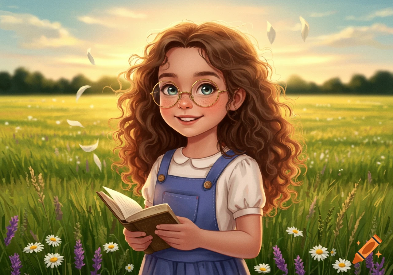 A smiling cartoon girl with curly brown hair and round glasses holds a book in a sunlit field with flowers and falling white petals.