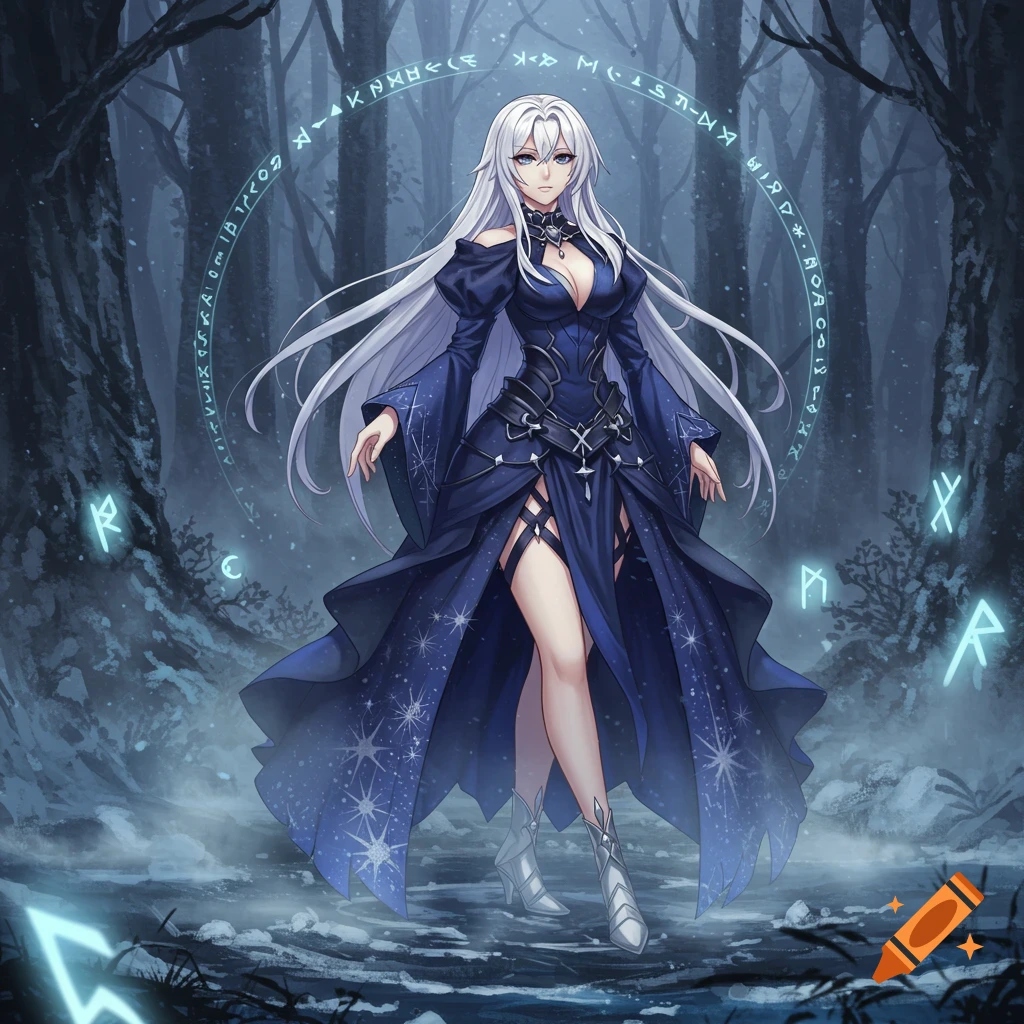 White-haired anime woman in a dark blue starry dress with a high slit stands in a mystical snowy forest with glowing runes.