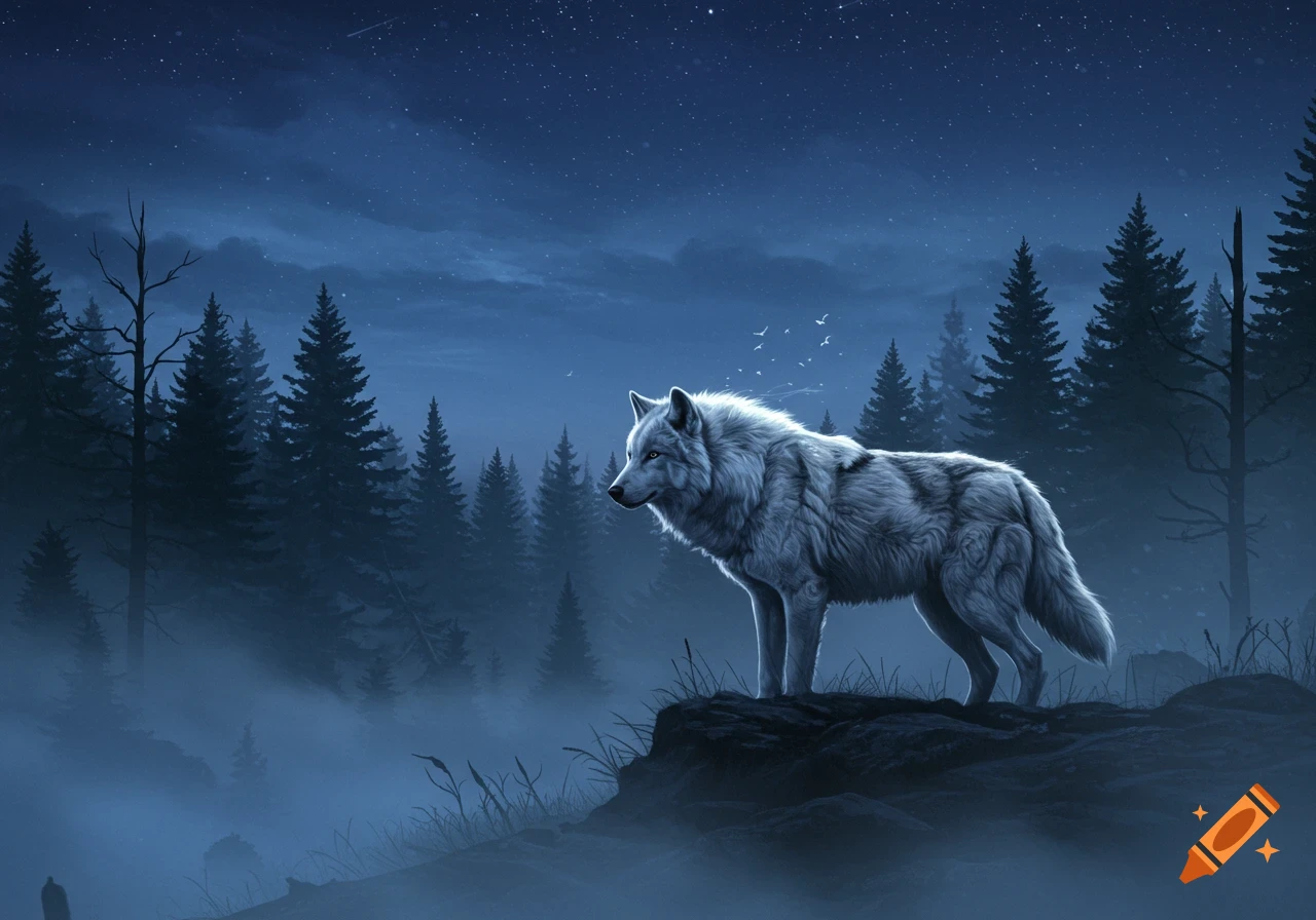 An illustrated white wolf stands on a rock in a misty, dark forest at night under a starry sky.