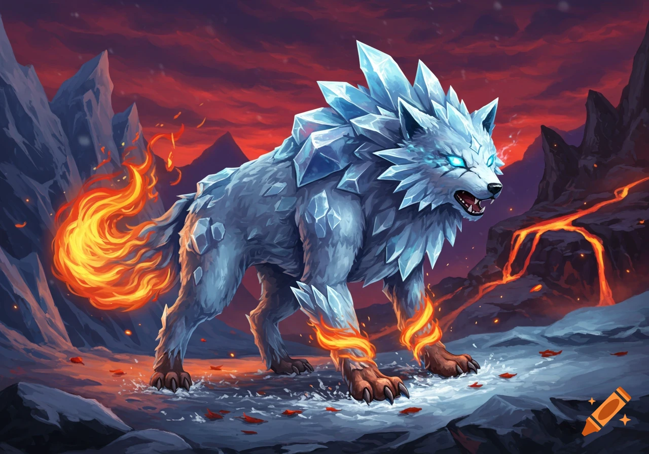 An icy blue wolf-like creature with fiery paws and tail, glowing eyes, and crystals on its back, stands in a landscape with lava and jagged rocks under a red sky, digital art.