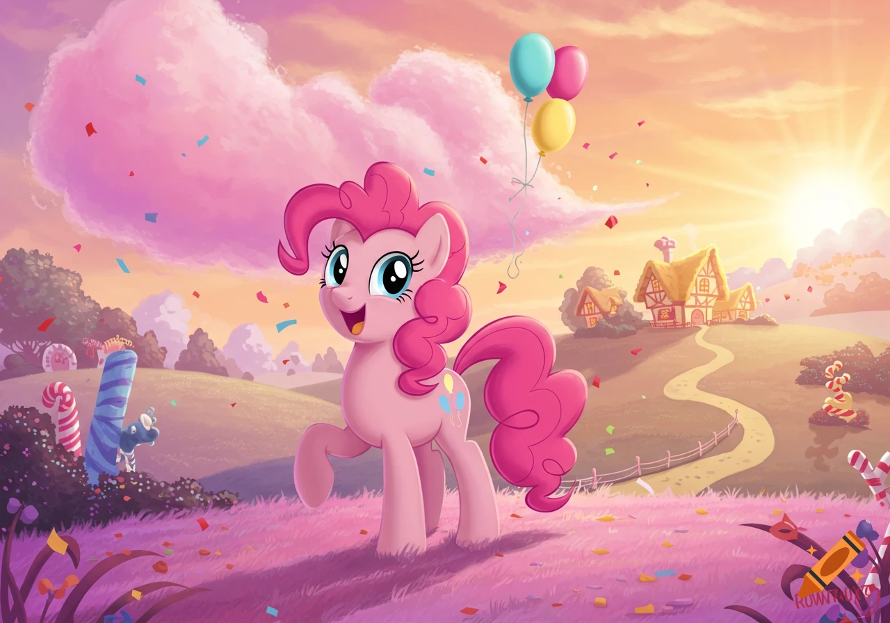 A cheerful pink pony (Pinkie Pie) stands in a confetti-filled field with balloons, candy, and a whimsical house at sunset, in a cartoon style.