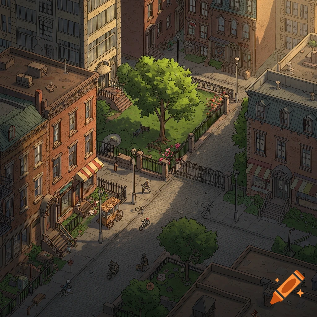 An isometric, top-down view of a city block with brick buildings, a central park, paved streets, and a few small stylized people.