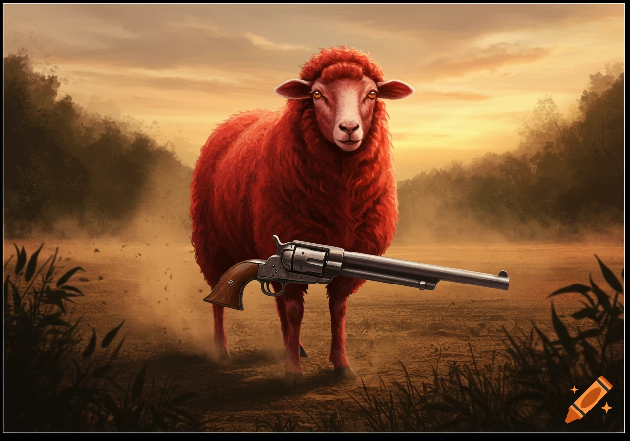 A vibrant red sheep stands in a dusty field at sunset with a large revolver lying in front of it.