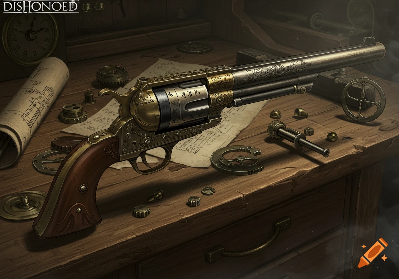 Highly detailed steampunk revolver on a wooden workbench with blueprints and tools.
