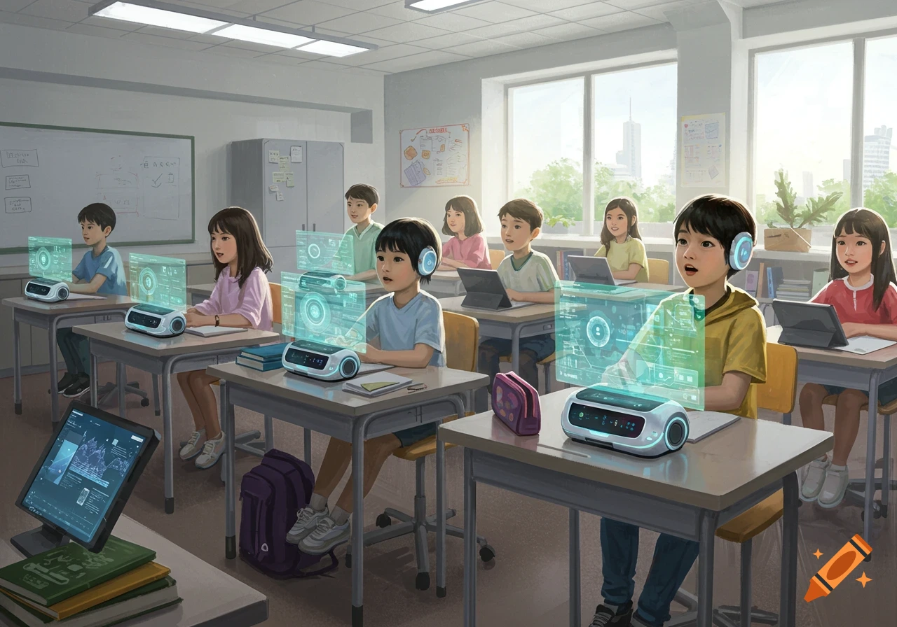 Children in a modern classroom use futuristic holographic displays and tablets at their desks, digitally painted.