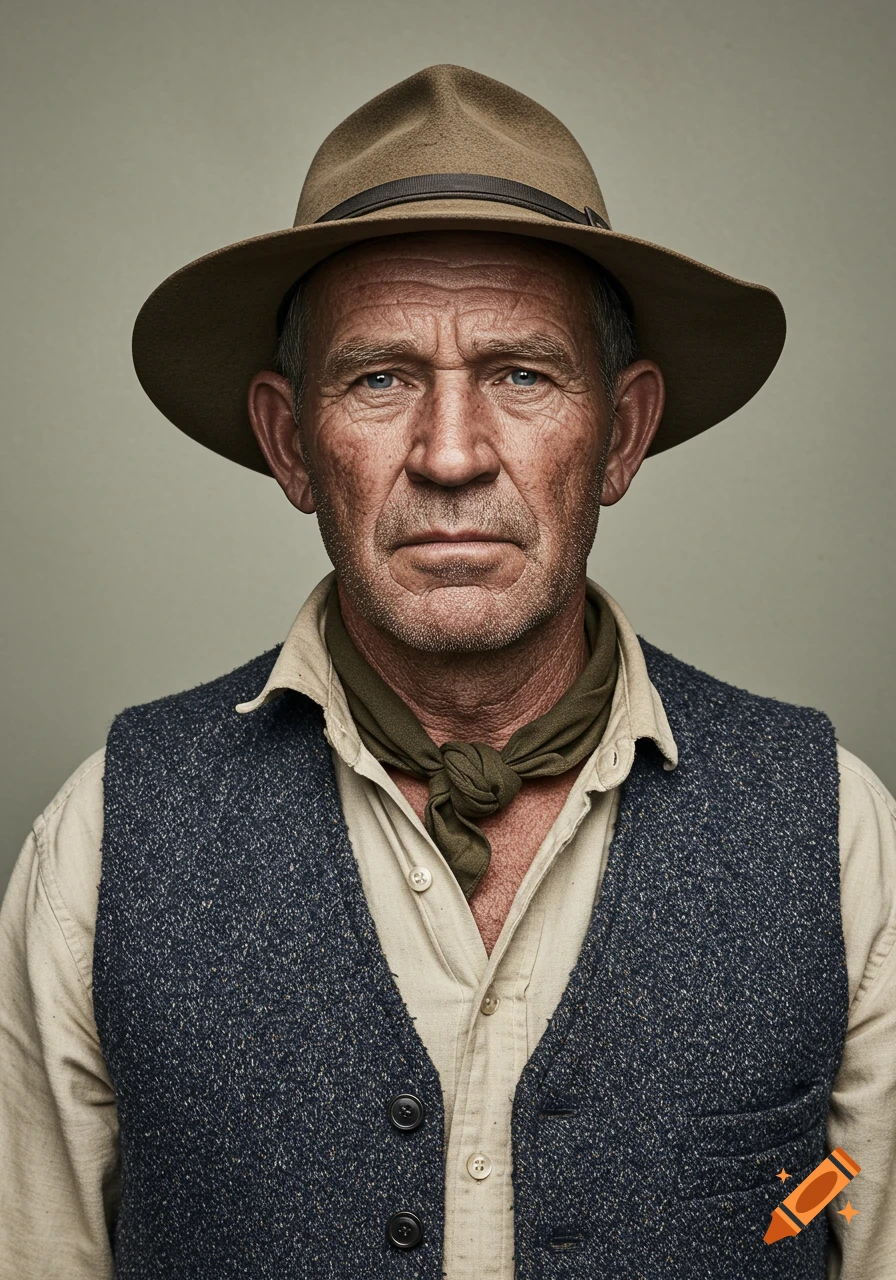 A photorealistic portrait of an older man with blue eyes, wearing a brown hat, an olive scarf, and a blue-grey vest, against a neutral background.