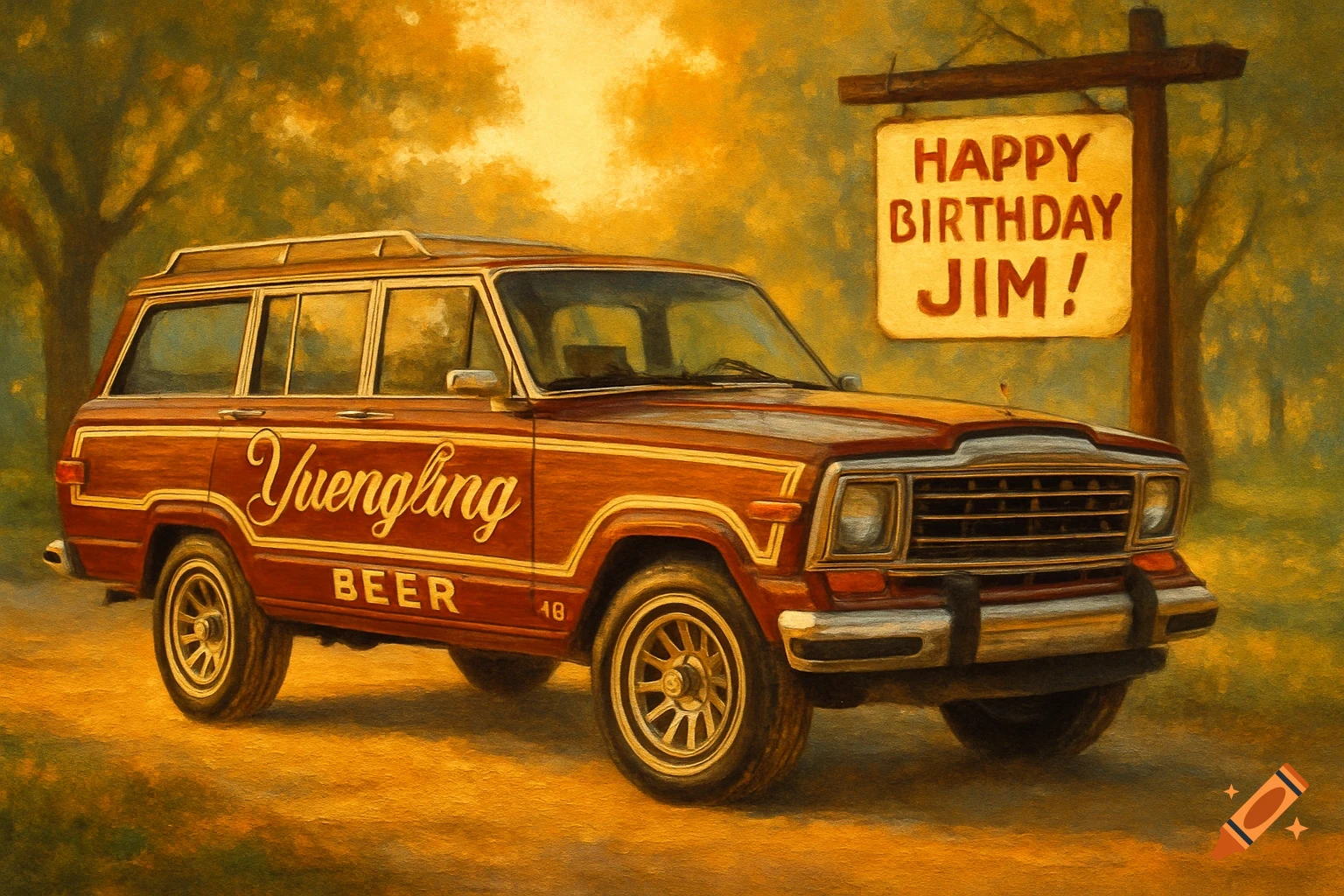 A painterly depiction of a 1989 Jeep Grand Wagoneer with a Yuengling Beer theme, parked by a 'Happy Birthday Jim!' sign.