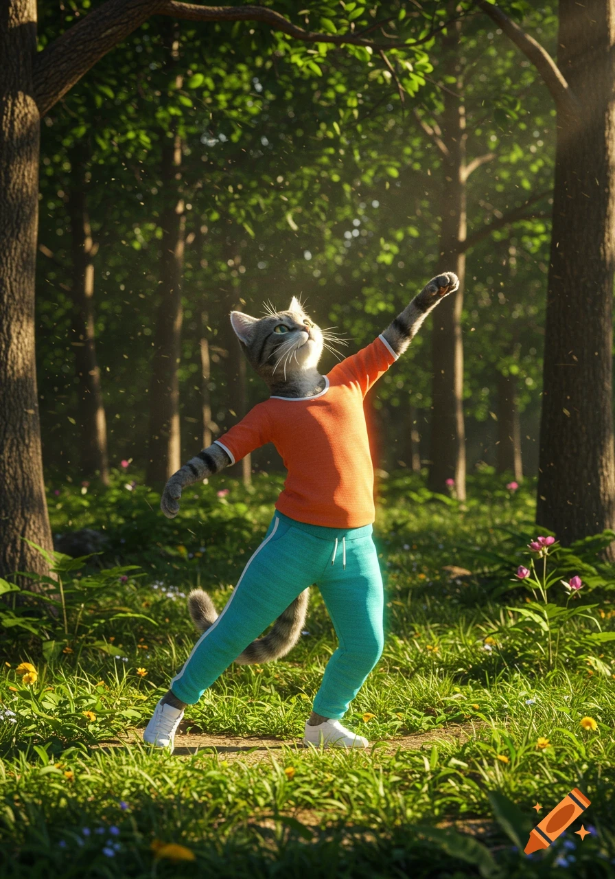 A realistic anthropomorphic cat in sportswear stretches in a sunlit green forest.
