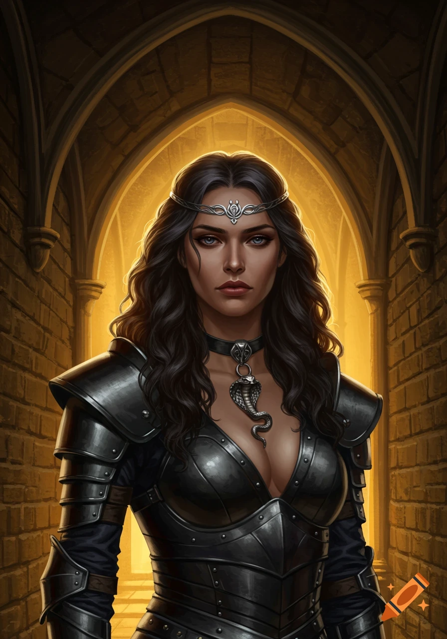 A dark-haired woman in black leather armor with a plunging neckline and cobra pendant stands in a warmly lit arched stone corridor.