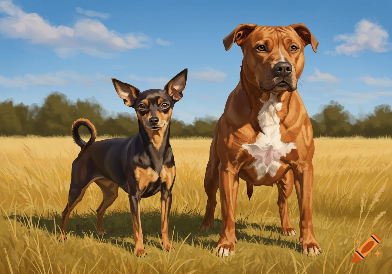A small black and tan dog and a larger reddish-brown pitbull-type dog stand in a golden grassy field under a blue sky.