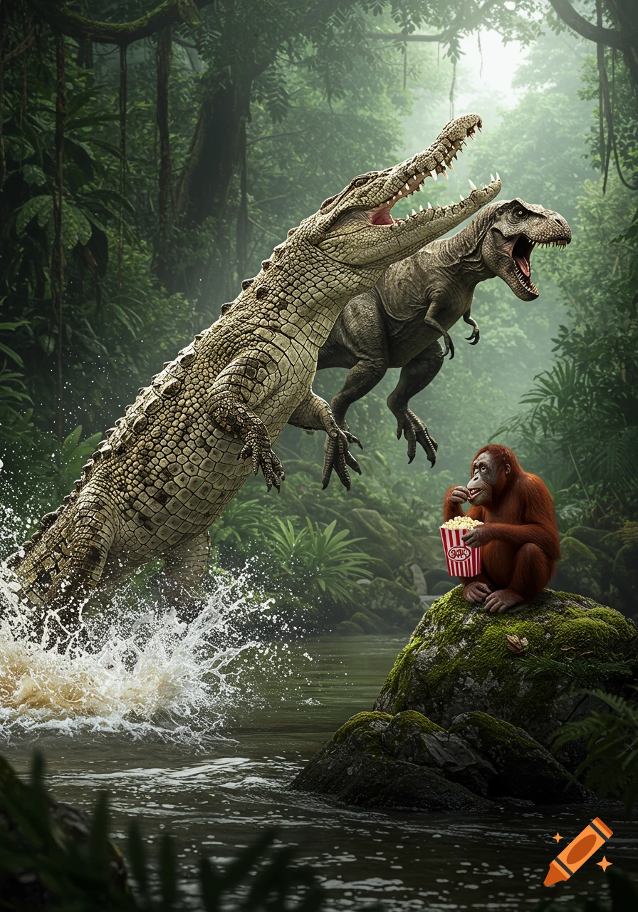 A giant crocodile and T-Rex leap out of a jungle river while an orangutan sits on a rock, watching them and eating popcorn.