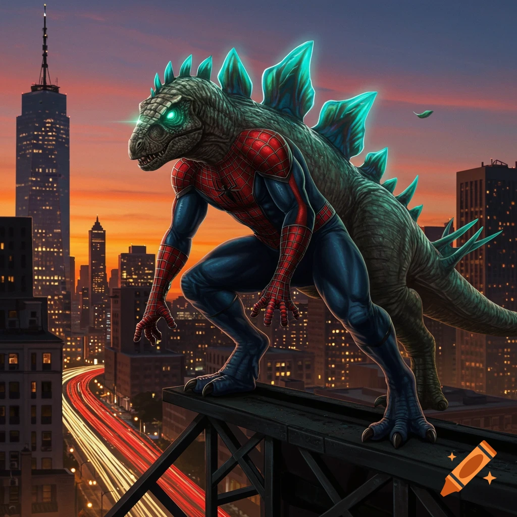 A Spider-Man, Stegosaurus, and T-Rex hybrid perches on a skyscraper, glowing with teal energy, overlooking a vibrant city at sunset.