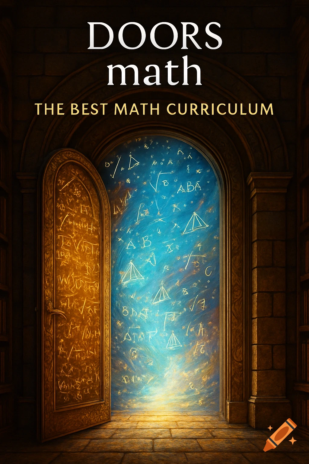 An ornate wooden door opens into a glowing blue portal filled with stylized math equations. White text reads "DOORS math" and gold text reads "THE BEST MATH CURRICULUM".