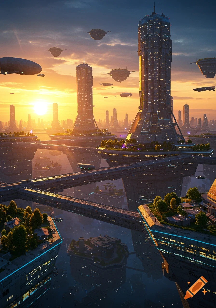 A vast futuristic hive city at sunset, featuring towering illuminated skyscrapers, elevated pathways, and flying vehicles over water.