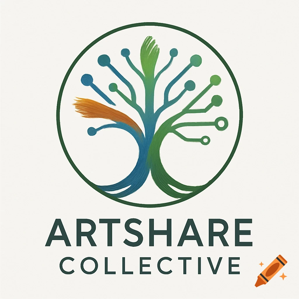 A logo: stylized blue, green, and orange tree with circuit-like branches in a green circle, above 'ARTSHARE COLLECTIVE'.