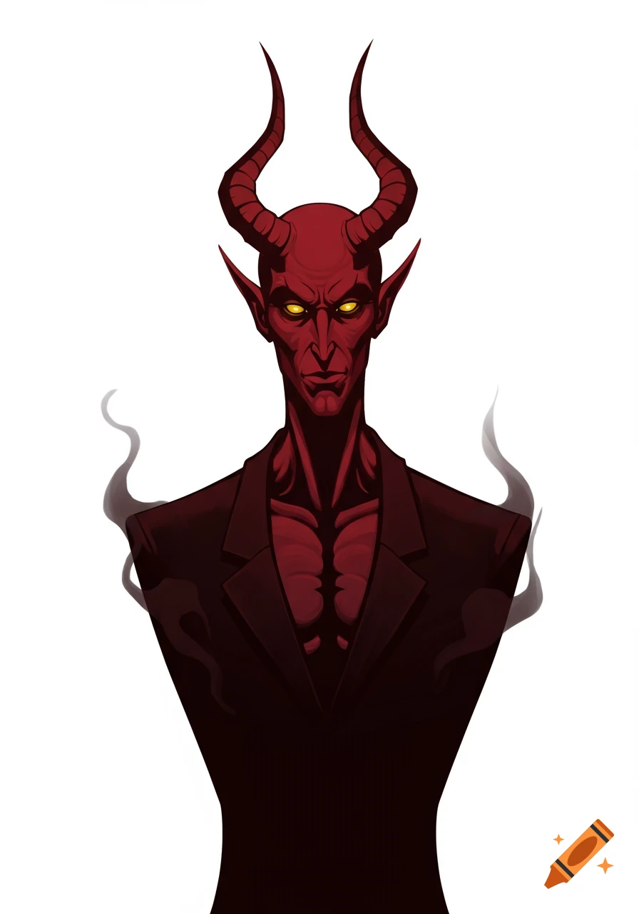 A red-skinned devil with large horns, pointy ears, and glowing yellow eyes, wearing a dark suit jacket, with smoke rising around its shoulders in a stylized drawing.