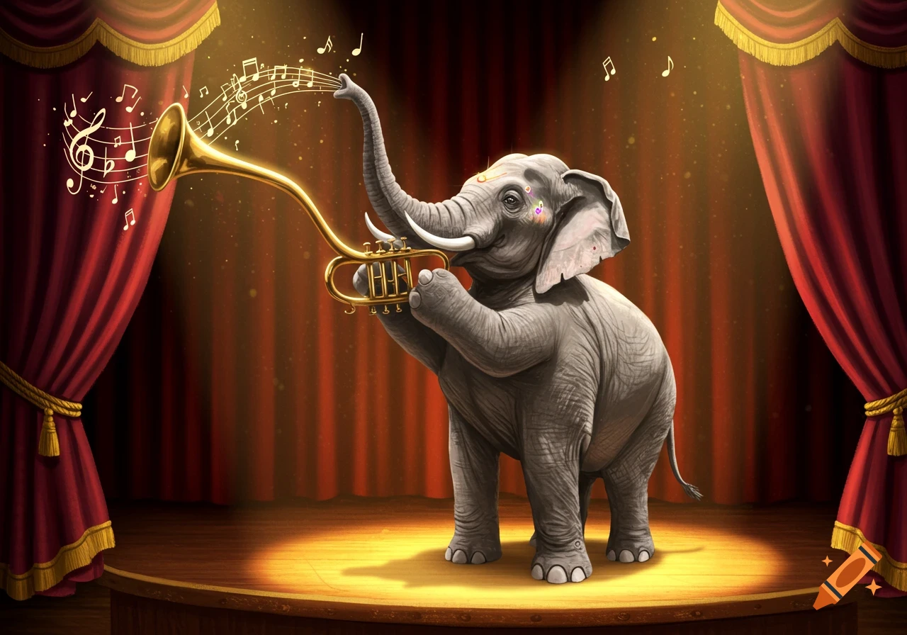 A whimsical elephant plays a golden trumpet on a spotlighted stage with red curtains, musical notes floating from its trunk.