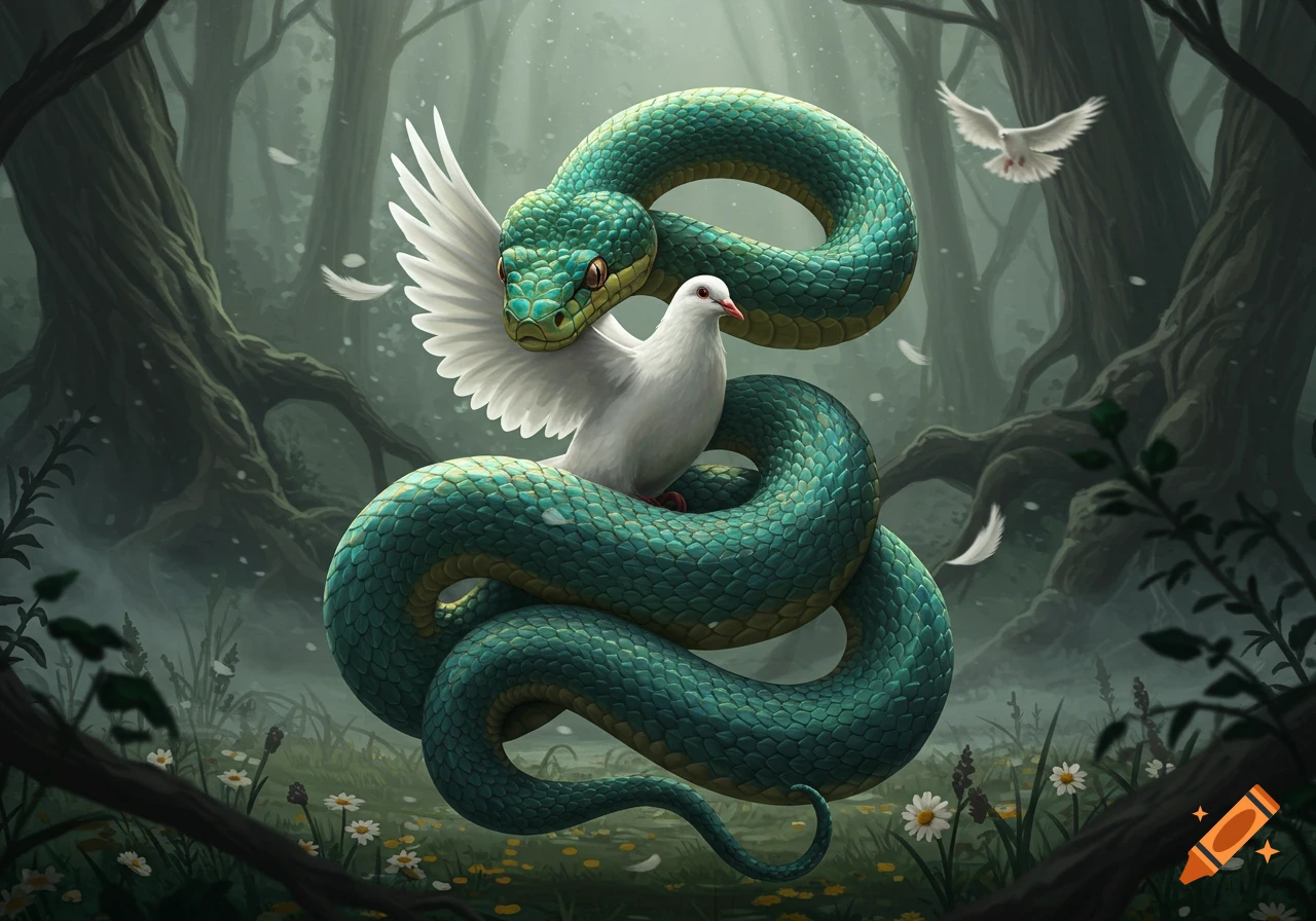 A large green snake coils around a white dove in a misty forest, stylized illustration.
