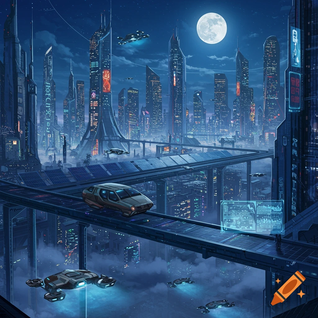 A highly detailed futuristic city at night with flying cars, towering skyscrapers, glowing structures, and a full moon in a sci-fi art style.