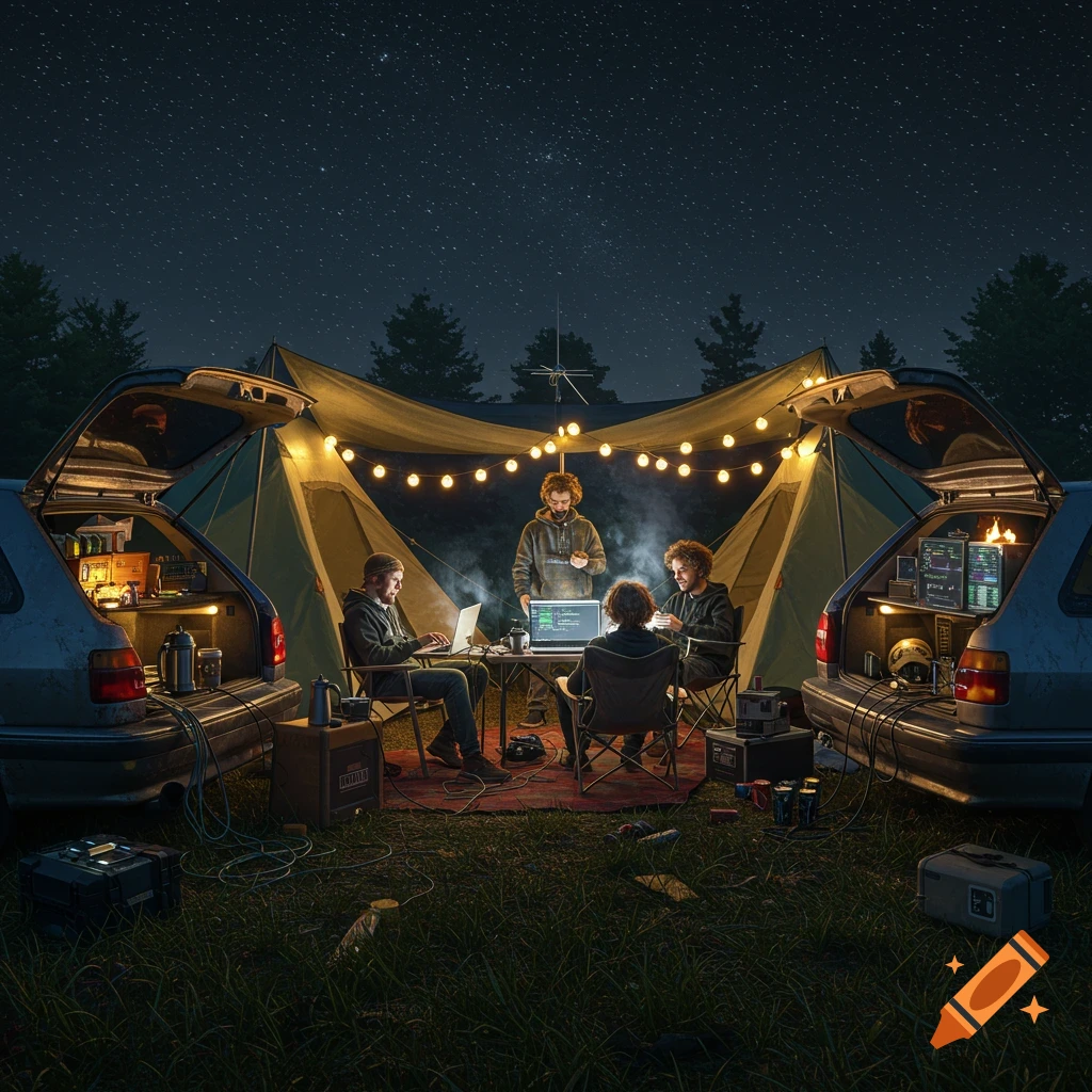 Five people camp at night, working on laptops around a table between two tents and cars with open trunks, under a starry sky and string lights.