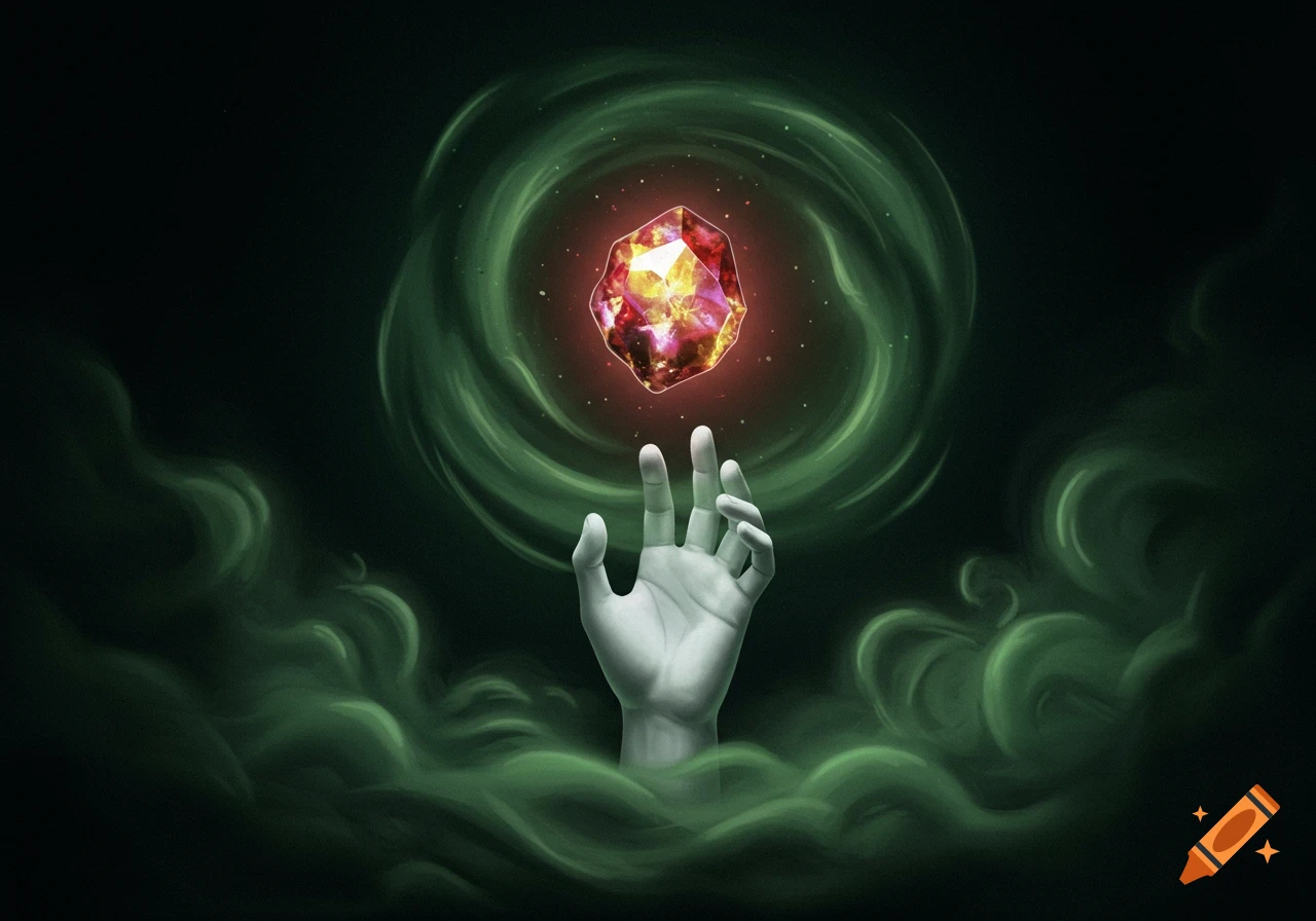 A white, featureless hand reaches up towards a glowing, multi-faceted philosopher's stone surrounded by green swirling mist on a dark background.