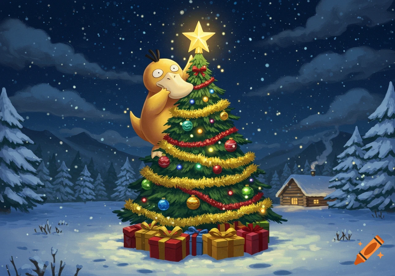 Psyduck places a shining star on top of a decorated Christmas tree in a snowy winter night, with presents at its base and a cozy cabin in the background.