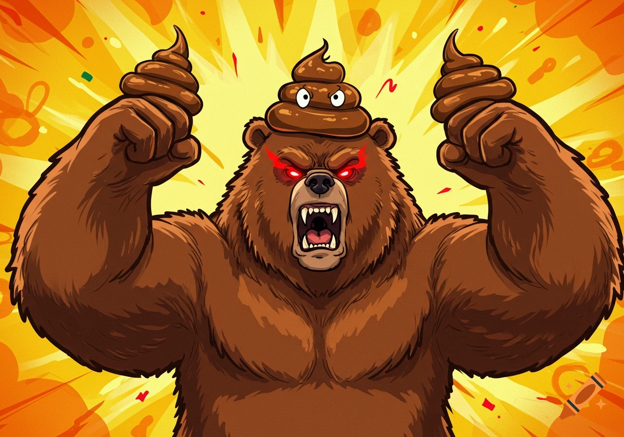 A cartoon angry bear with glowing red eyes and poop on its head, holding a pile of poop in each raised hand against a yellow explosion background.