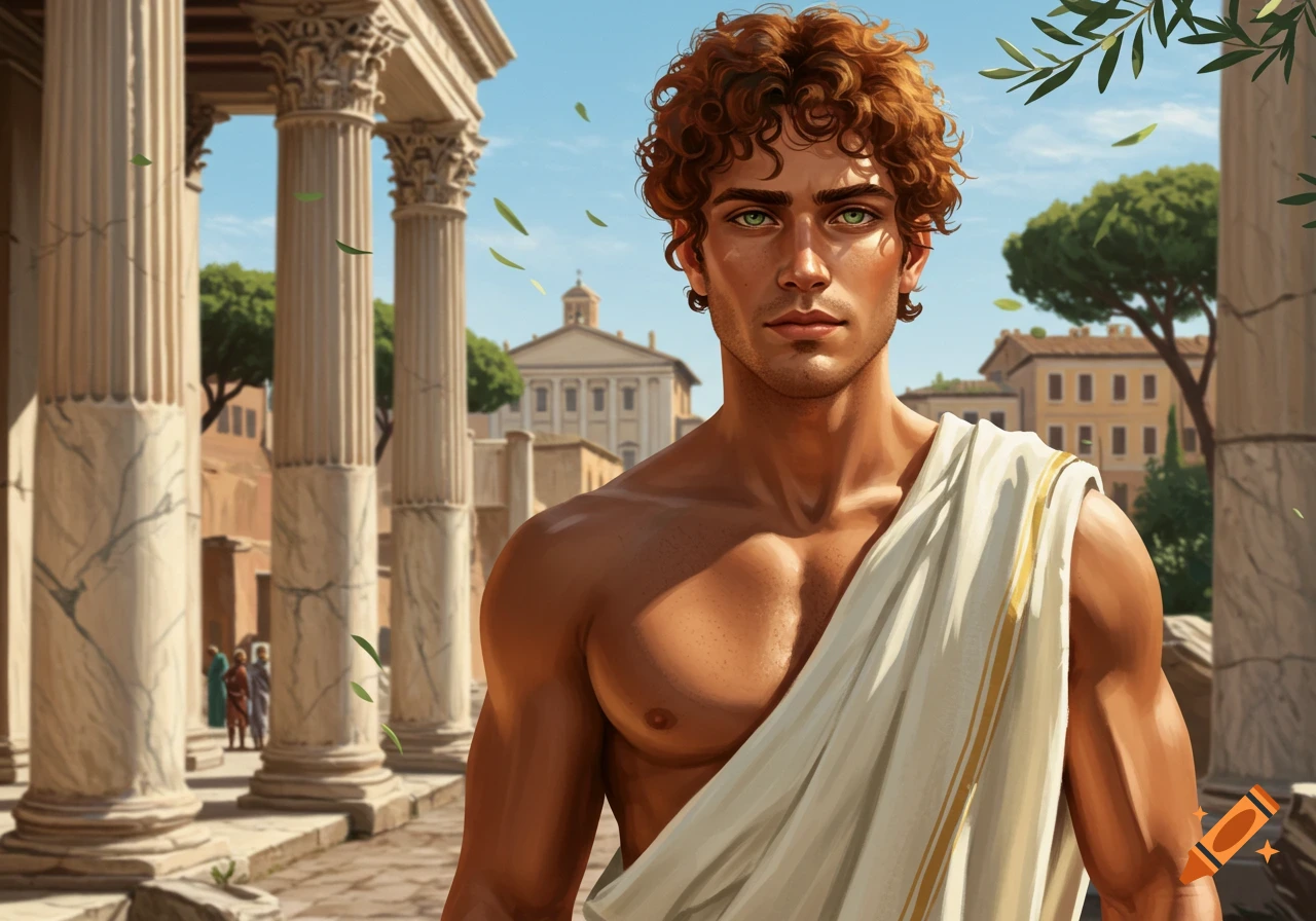 A digital painting of a young man with olive skin, copper curls, and green eyes, wearing a white toga amidst Roman ruins.