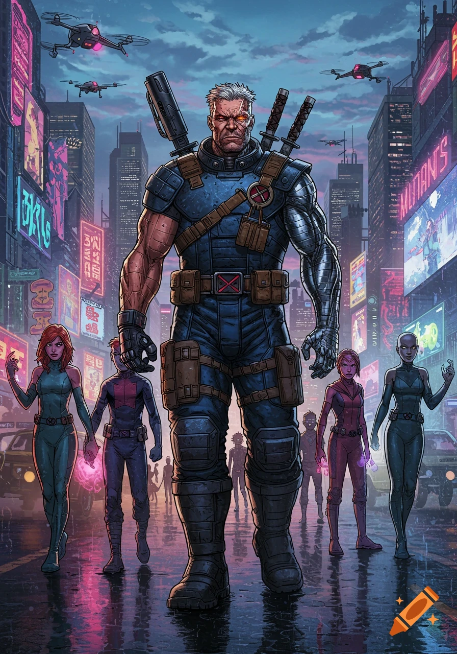 Cable and New Mutants walk down a wet, neon-lit cyberpunk city street under drones, in a detailed comic book style.