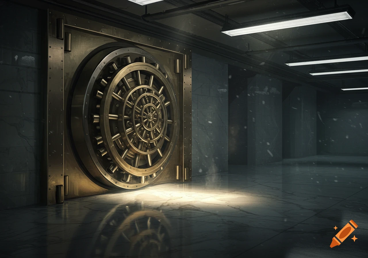 A massive, intricately designed golden vault door stands in a dimly lit, empty room with reflective marble floors and concrete walls.