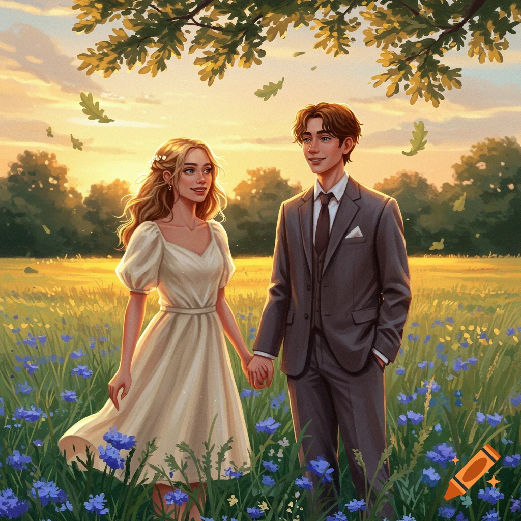 A young couple, a man and a woman, holding hands in a sunlit field of blue flowers under a tree, in an illustrative style.