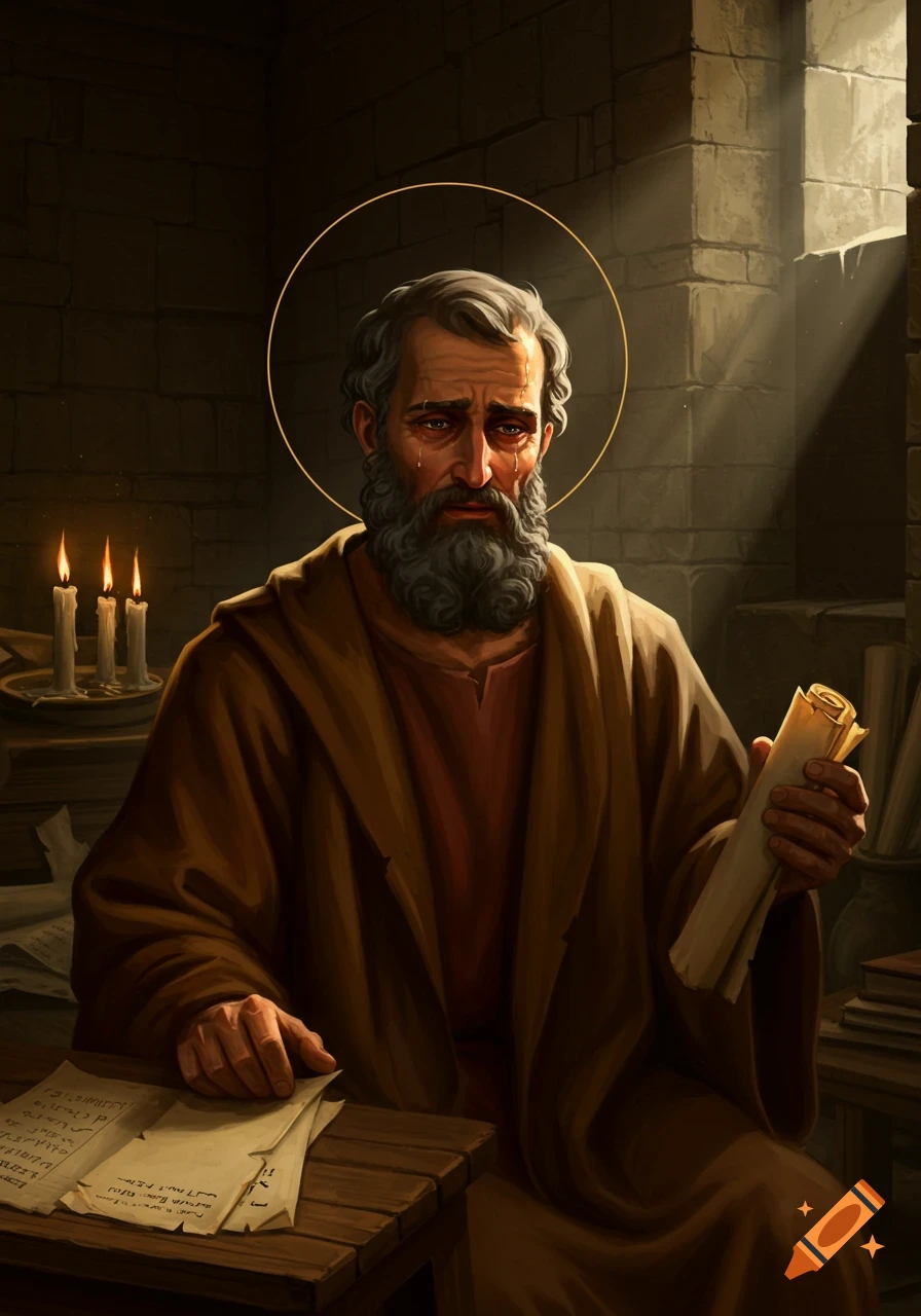 A sorrowful, bearded man with a halo weeps while writing in a dimly lit, stone chamber, holding a scroll.