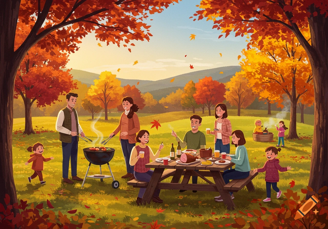 An illustrated family barbecue in an autumn park with colorful trees. Adults grill and eat at a picnic table while children play.